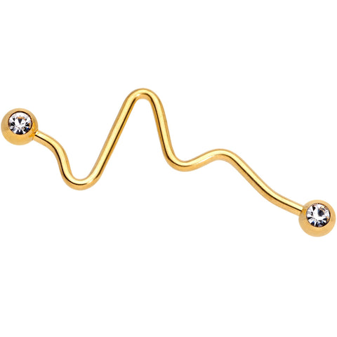 14G Clear Gem Sound Wave Gold Tone Industrial Barbell 35mm