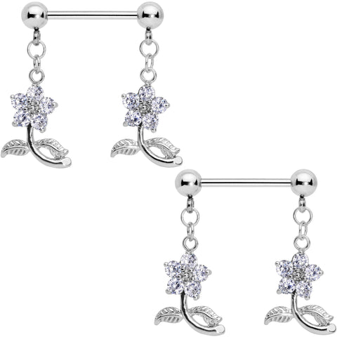 9/16 Clear CZ Gem Stemmed Flower Dangle Barbell Nipple Ring Set