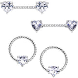 14G Clear CZ Gem Heart Twisted BCR Ring Barbell Nipple Ring Set