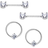 14G Clear CZ Gem Twisted Captive Ring Barbell Nipple Ring Set