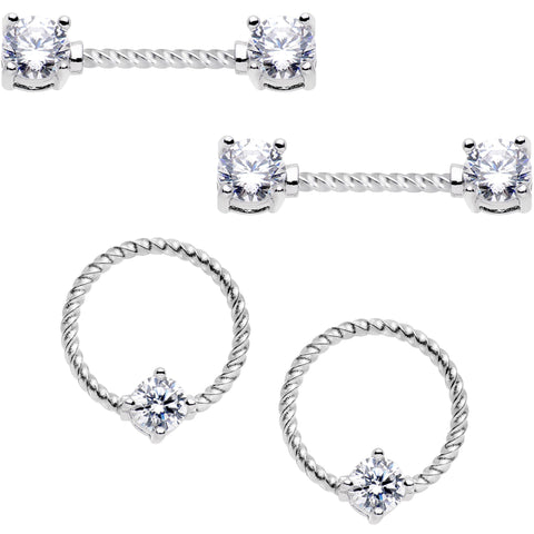 14G Clear CZ Gem Twisted Captive Ring Barbell Nipple Ring Set
