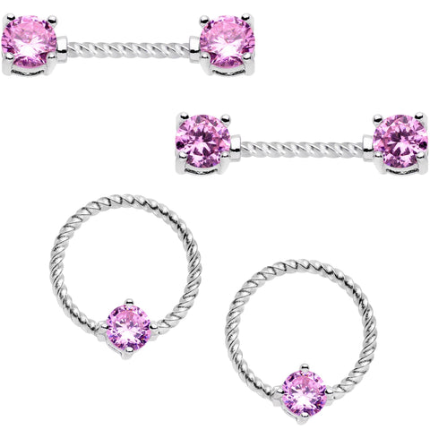 14G 5/8 Pink CZ Gem Twisted Captive Ring Barbell Nipple Ring Set