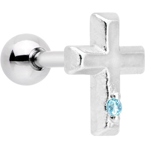 1/4 Aqua CZ Gem Embossed Cross Tragus Cartilage Earring