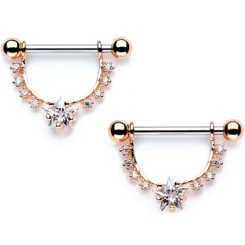 Clear CZ Gem Rose Gold Tone Superstar Dangle Barbell Nipple Ring Set