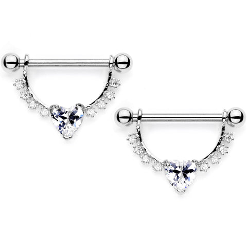 Clear CZ Gem Lacy Heart Dangle Barbell Nipple Ring Set