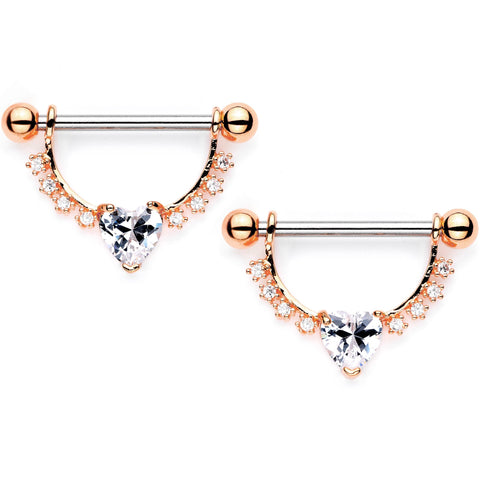 Clear CZ Gem Rose Gold Tone Lacy Heart Dangle Barbell Nipple Ring Set