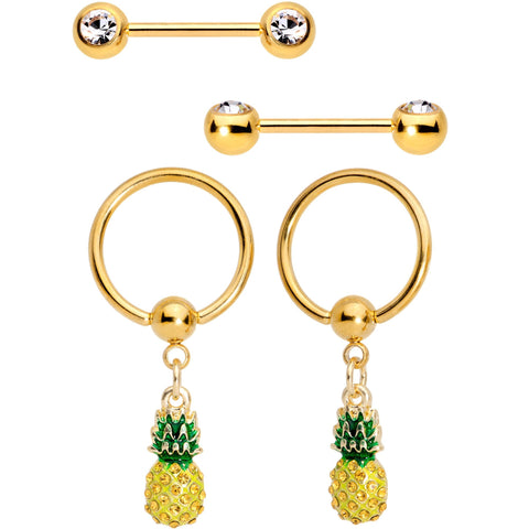 14G Clear CZ Gem Gold Tone Pineapple BCR Barbell Nipple Ring Set