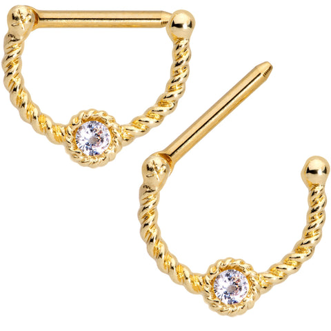 14G 7/16 Clear Gem Gold Tone Anodized Twisted Nipple Clicker Set