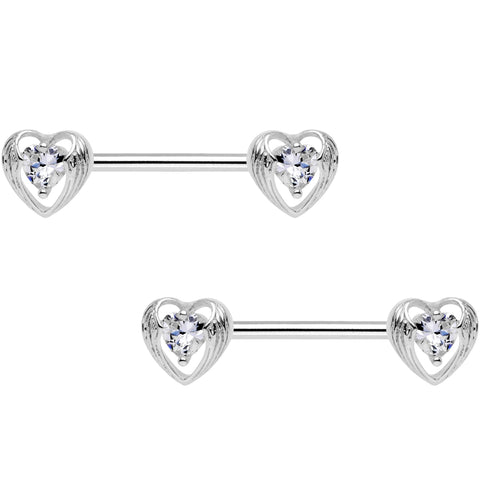9/16 Clear CZ Gem Hugged Heart Barbell Nipple Ring Set
