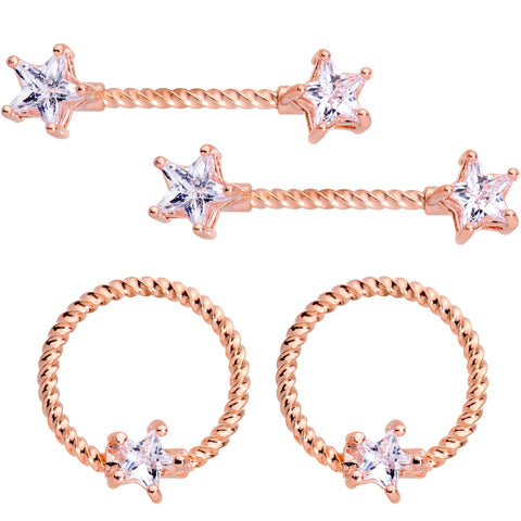 14G Clear CZ Gem Star Rose Gold Hue BCR Barbell Nipple Ring Set