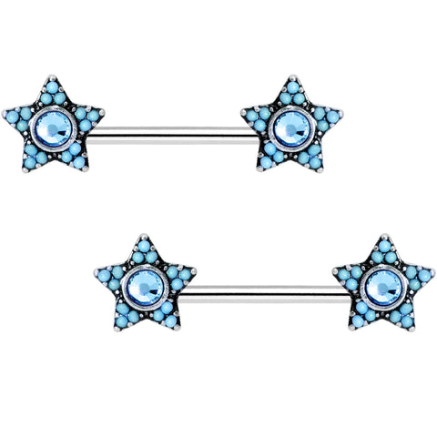 9/16 Aqua Gem Encrusted Big Star Barbell Nipple Ring Set