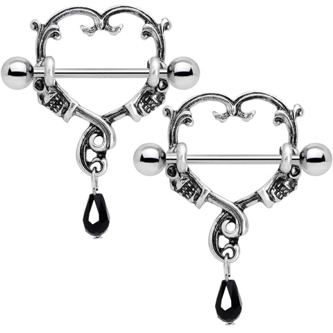 3/4 Black Gem Twisted Skull Heart Nipple Shield Set