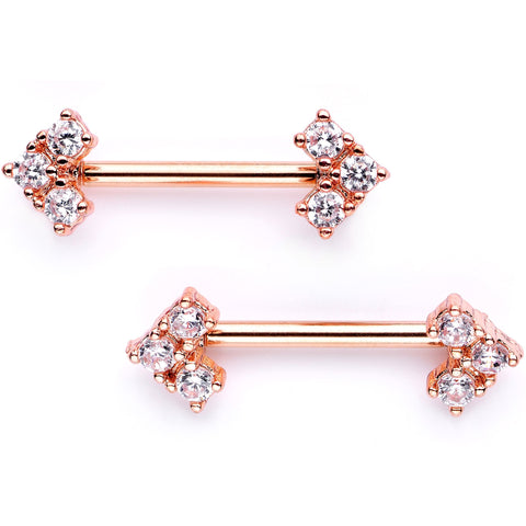 Clear CZ Gem Rose Gold PVD Trio Arrow Barbell Nipple Ring Set
