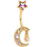 Aurora Gem Gold Tone Moon and Star Double Mount Belly Ring