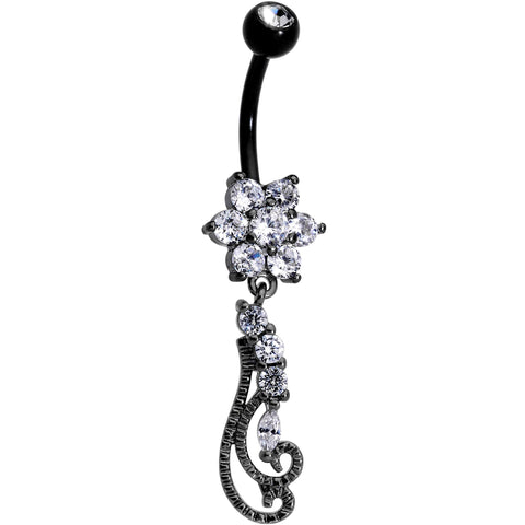 Clear Gem Black Anodized Filigree Flower Swirl Dangle Belly Ring