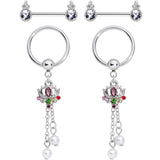 14G Clear CZ Gem Lotus Flower Queen Captive Ring Barbell Nipple Ring Set