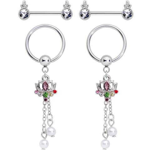 14G Clear CZ Gem Lotus Flower Queen Captive Ring Barbell Nipple Ring Set