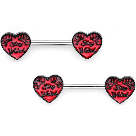 7/16 Stay Weird Red Heart Barbell Nipple Ring Set