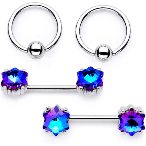 14G Blue Gem Supernova Captive Ring Barbell Nipple Ring Set