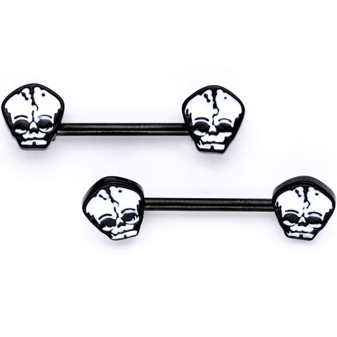 9/16 Black Plated Mister Skull and Bones Barbell Nipple Ring Set