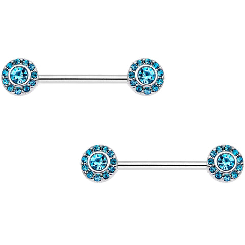 14G 9/16 Aqua Gem Circular Cluster Barbell Nipple Ring Set