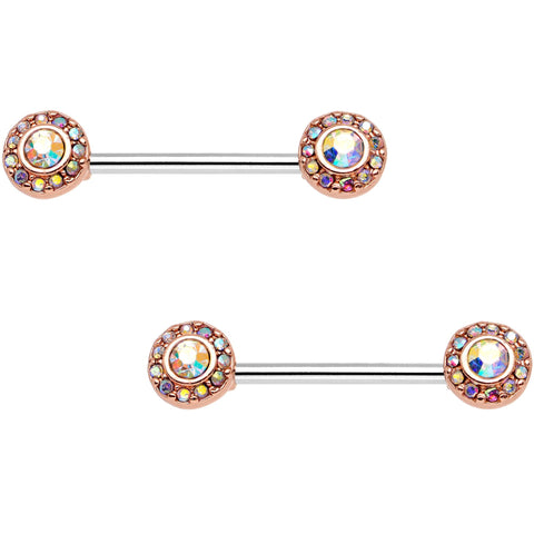 14G Aurora Gem Rose Gold Tone Cluster Barbell Nipple Ring Set