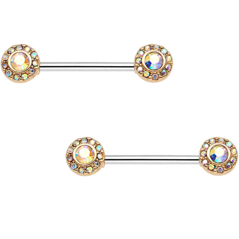 14G 9/16 Aurora Gem Gold Tone Cluster Barbell Nipple Ring Set