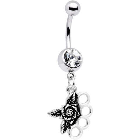 Clear CZ Gem Badass Brass Knuckles Dangle Belly Ring