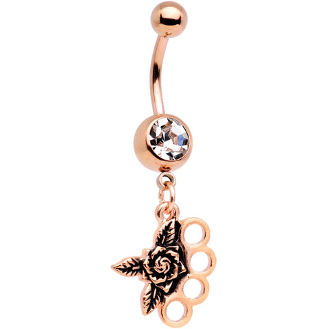Clear CZ Gem Rose Gold Plated Badass Brass Knuckles Dangle Belly Ring