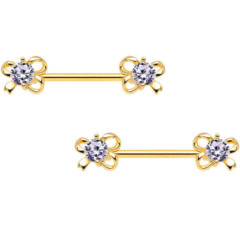 Clear CZ Gem Gold Tone All Tied Up Barbell Nipple Ring Set