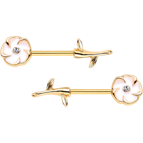 5/8 Clear Gem Gold PVD White Buttercup Flower Barbell Nipple Ring Set