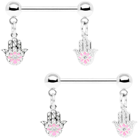 5/8 Pink Gem Hamsa Hand Dangle Barbell Nipple Ring Set