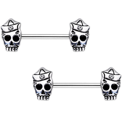 Clear CZ Gem First Mate Skull Barbell Nipple Ring Set