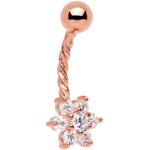 Clear CZ Gem Rose Gold IP Flower Seriously Twisted Belly Ring
