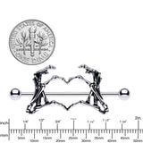 1 1/2 Skeleton Hand Heart Nipple Barbell Shield Set