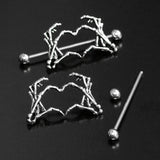 1 1/2 Skeleton Hand Heart Nipple Barbell Shield Set