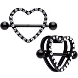 14G 5/8 Clear Gem Black Valentine Heart Nipple Ring Set