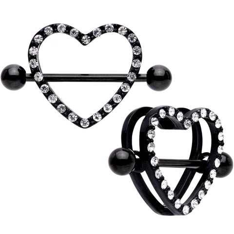 14G 5/8 Clear Gem Black Valentine Heart Nipple Ring Set