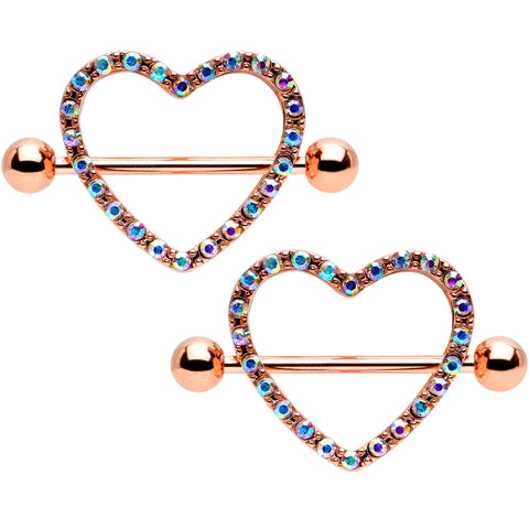 14G 5/8 Aurora Gem Rose Gold Tone Valentine Heart Nipple Ring Set