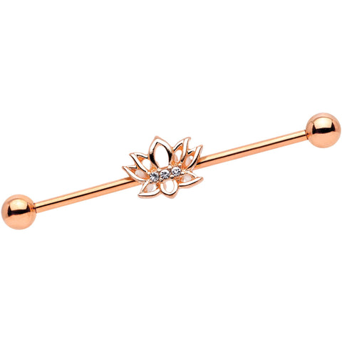 14G Clear Gem Rose Gold Tone Lotus Flower Industrial Barbell 38mm