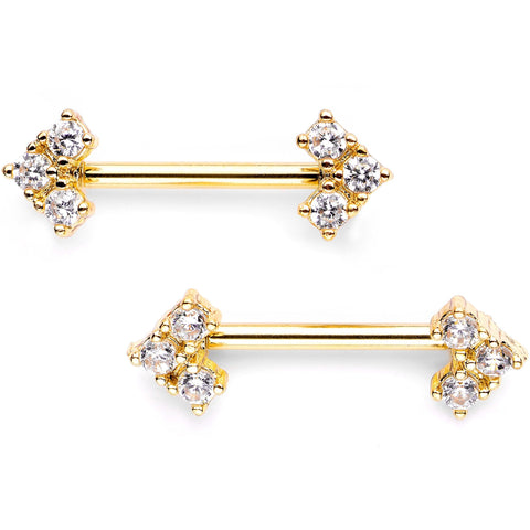14G 9/16 Set of Clear CZ Gem Gold Tone Trifecta Barbell Nipple Ring