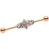 14G Clear Gem Rose Gold IP Floral Cluster Industrial Barbell 38mm