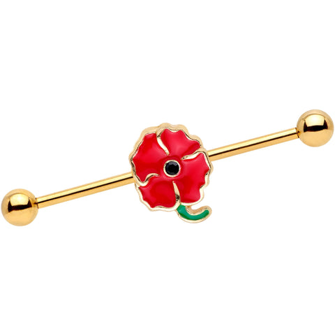 14G Clear Gem Gold PVD Red Flower Industrial Barbell 38mm