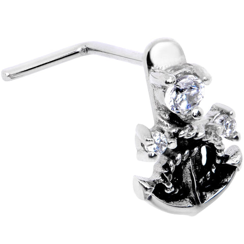 20G 1/4 Clear CZ Gem Nautical Anchor Faux Hoop L Shape Nose Ring