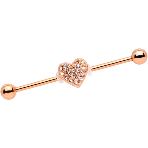 14G Clear Gem Heart Rose Gold Anodized Straight Industrial Barbell 38mm