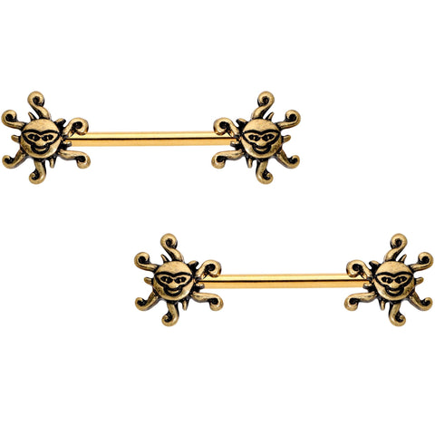 14G 9/16 Gold Tone Summer Sunshine Barbell Nipple Ring Set