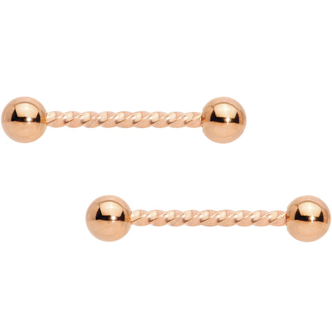 14G 5/8 Rose Gold Tone Twisted Barbell Nipple Ring Set