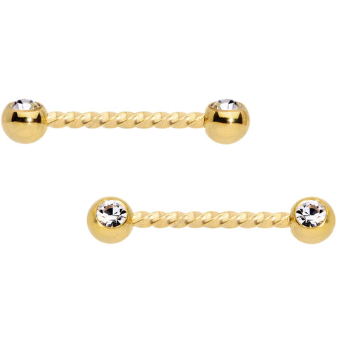 14G 5/8 Clear Gem Gold Tone Twisted Barbell Nipple Ring Set