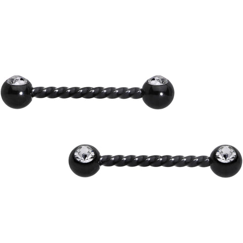 14G 5/8 Clear Gem Black Twisted Barbell Nipple Ring Set