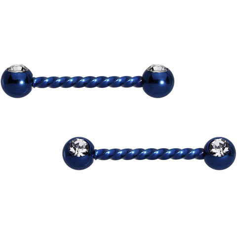 14G 5/8 Clear Gem Royal Blue Twisted Barbell Nipple Ring Set
